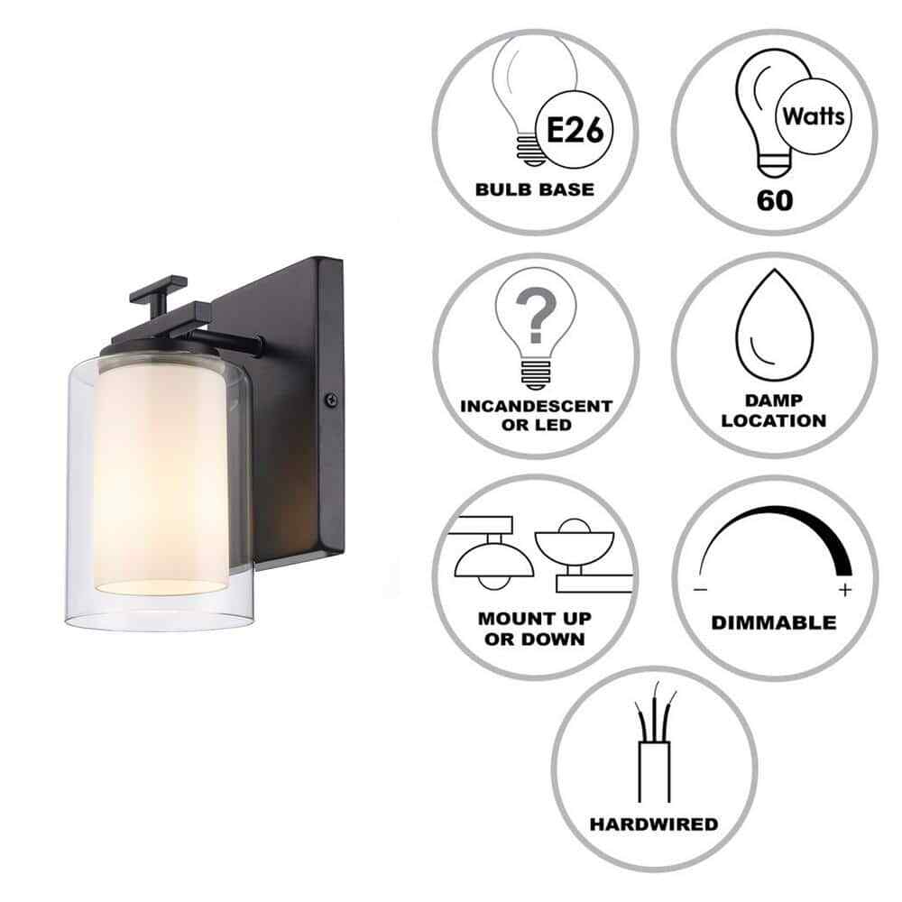 Bel Air Lighting Lisbon 1-Light Black Wall Sconce Light Fixture w/ Glass Shade