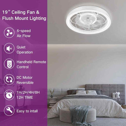 BICIK Flush Mount Smart White Invisible Blade Ceiling Fan w/ Light & Remote