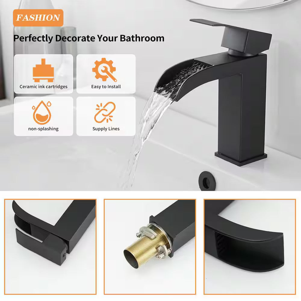 BWE Waterfall Single Handle Single Hole Bathroom Faucet Pop up Drain Matte Black