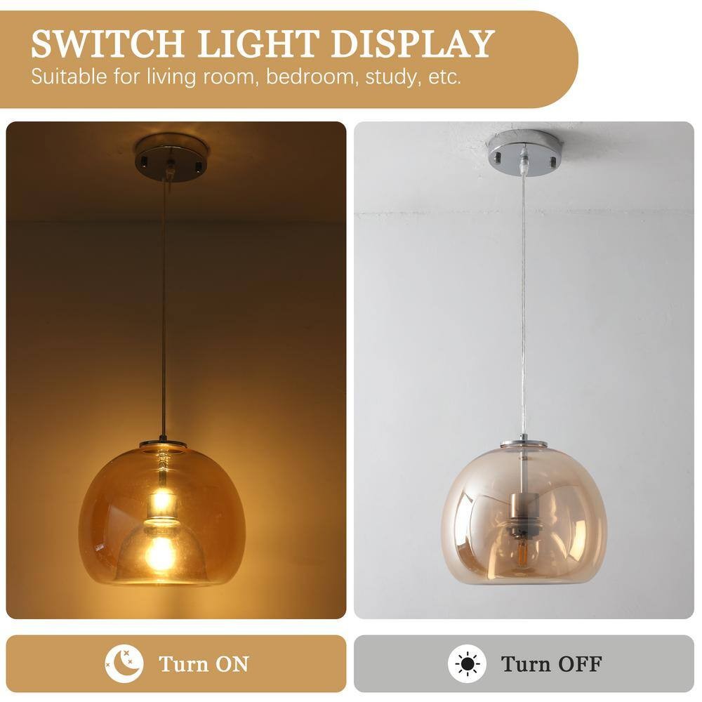 1-Light Chrome Globe Pendant Light Amber Glass for Living Room No Bulbs Included