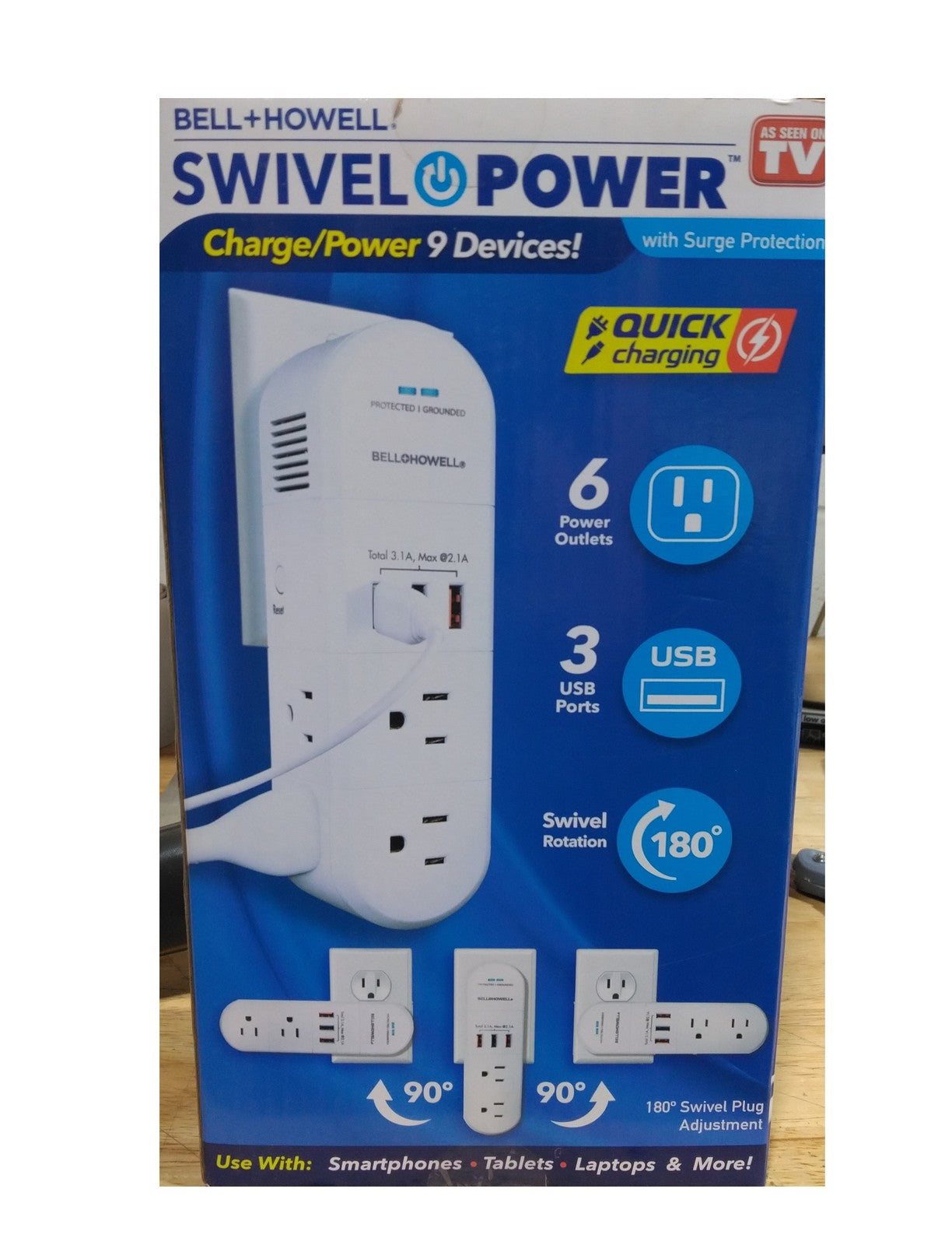 BELL + HOWELL Swivel Power Charging Station 6 Outlets 3 USB W/ Surge Protector