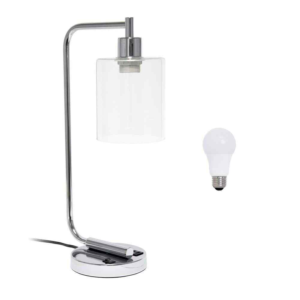 18.8 In. Chrome Industrial Iron Lantern Table Lamp w/ Glass Shade and USB Port 