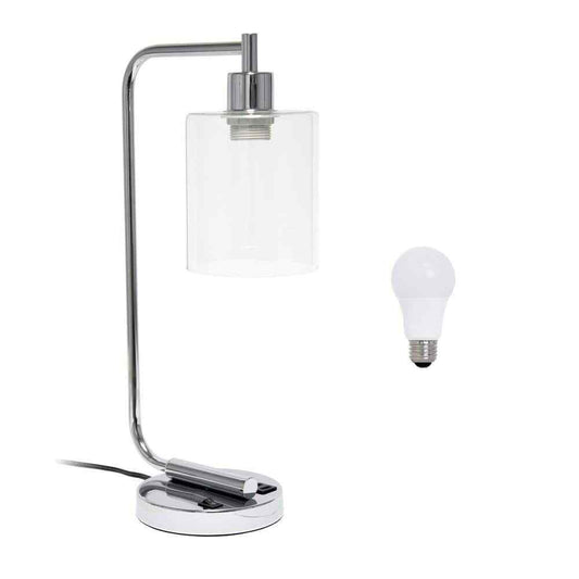 18.8 In. Chrome Industrial Iron Lantern Table Lamp w/ Glass Shade and USB Port 