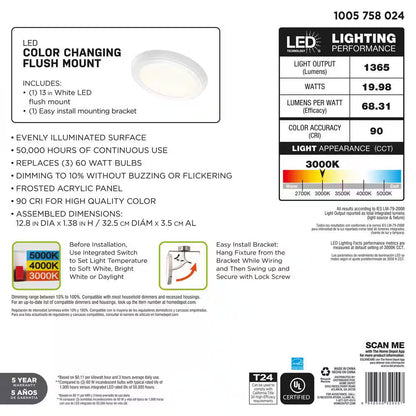 Commercial Electric 13 in. White Selectable LED Flush Mount