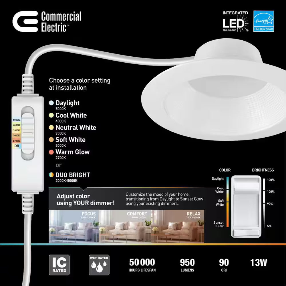 Commercial Electric Ultra Baffle Integrated LED 6 in Round Adj Color Temp, White