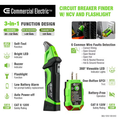 Commercial Electric Digital Circuit Breaker Finder with GFCI Outlet Tester