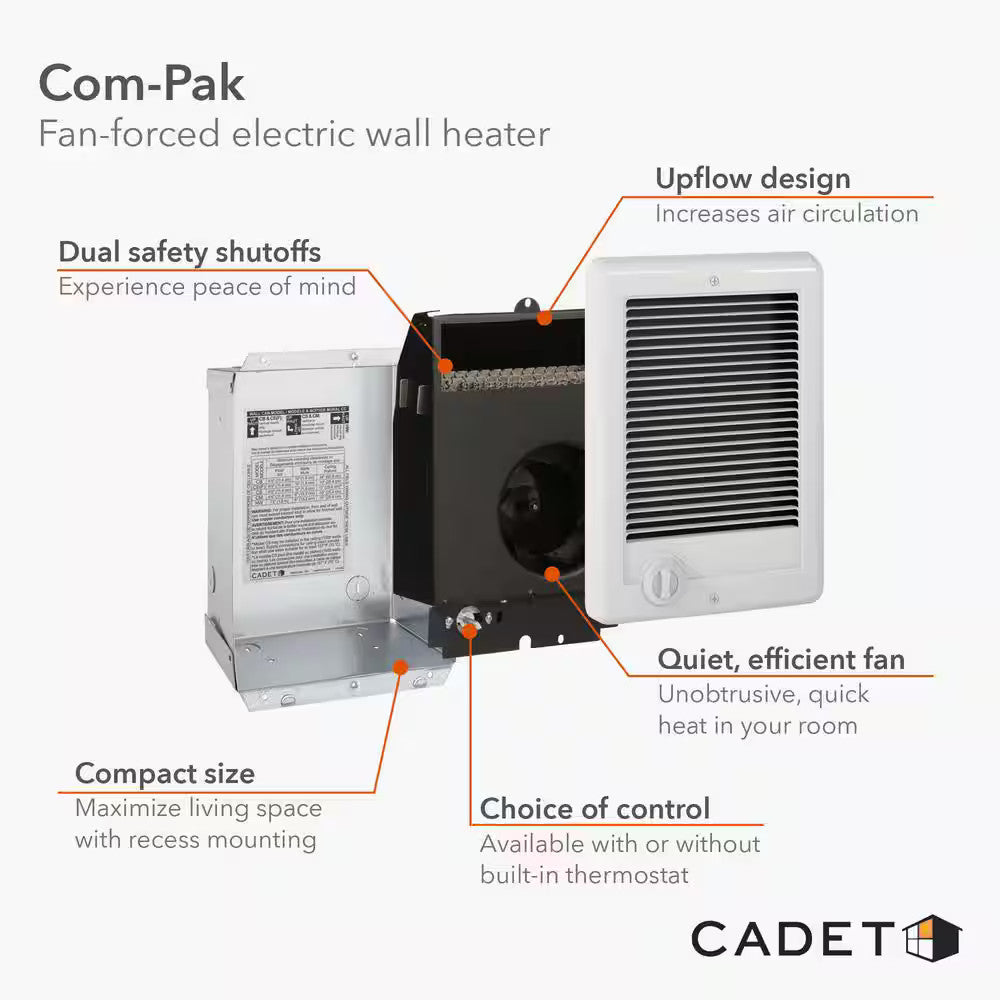 Cadet 120v 1000w Com-Pak In-wall Fan-forced Electric Heater in White Thermostat