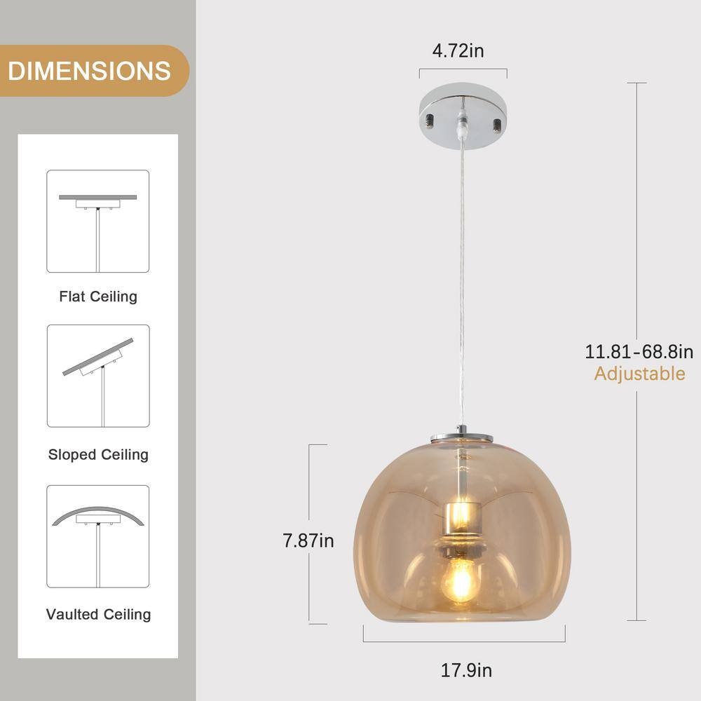 1-Light Chrome Globe Pendant Light Amber Glass for Living Room No Bulbs Included