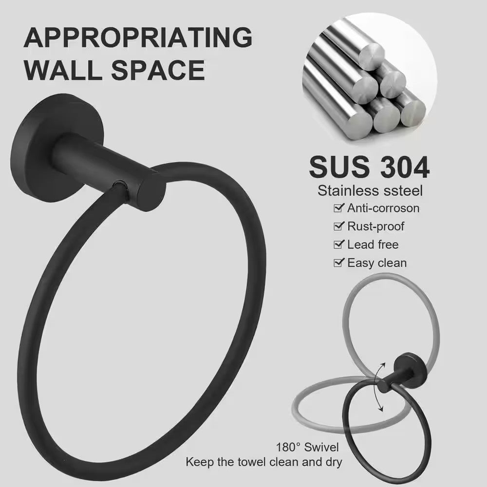 BWE 6-Piece Modern Bath Set w/ Towel Ring, Toilet Paper Holder, Bar, Matte Black
