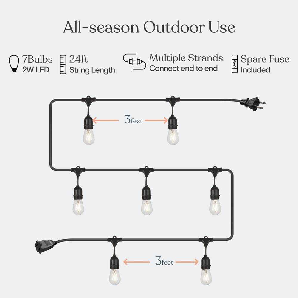 Brightech Ambience Pro 7-Light 24 ft. Outdoor Plug-in 2W 2500k LED S14 Hanging 