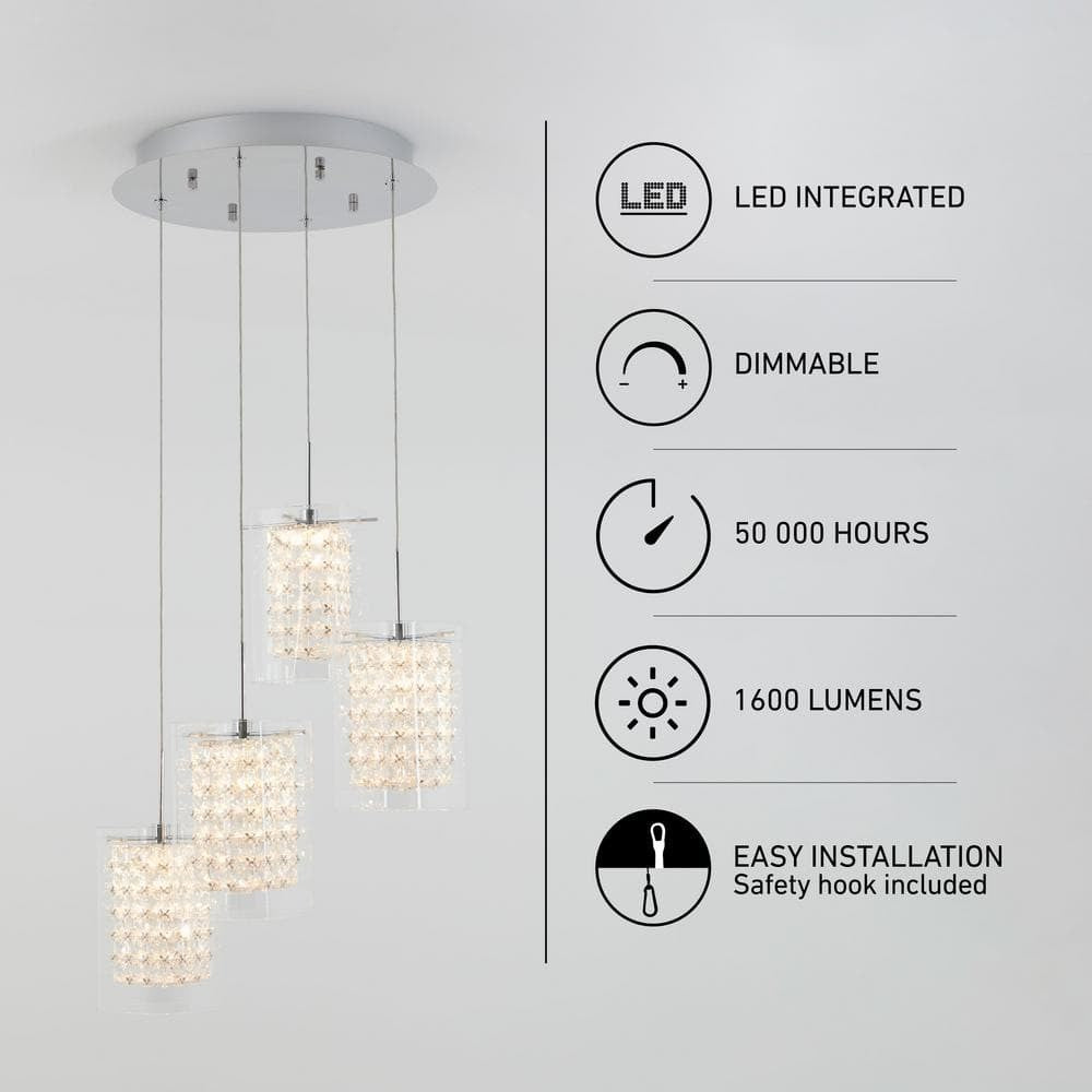 Artika Crystal Cube 4 Light Chrome Modern Integrated LED Pendant Light Fixture