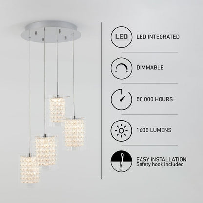 Artika Crystal Cube 4 Light Chrome Modern Integrated LED Pendant Light Fixture