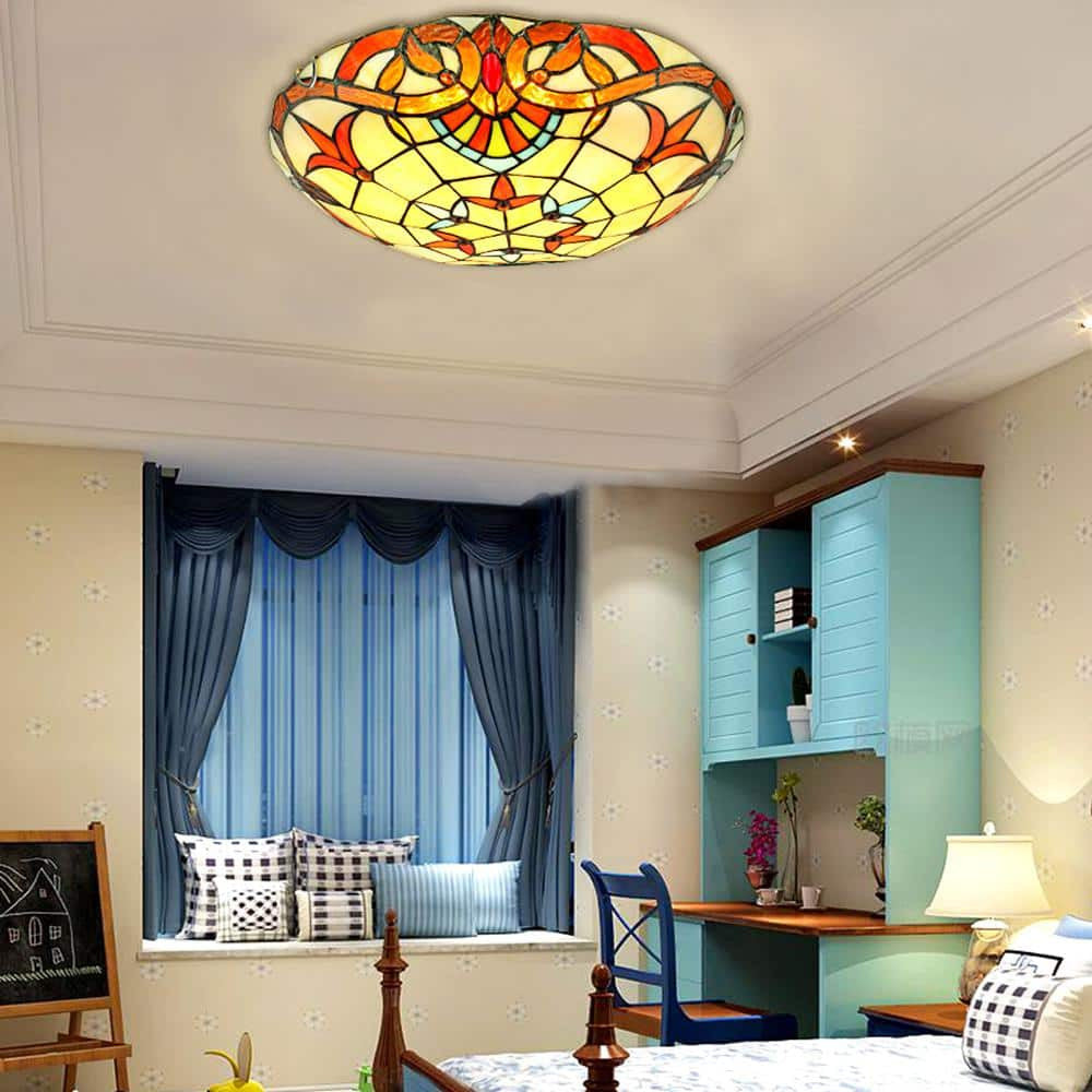 12" Tiffany Style Flush Mount Ceiling Light Stained Glass 2-Light Fixture