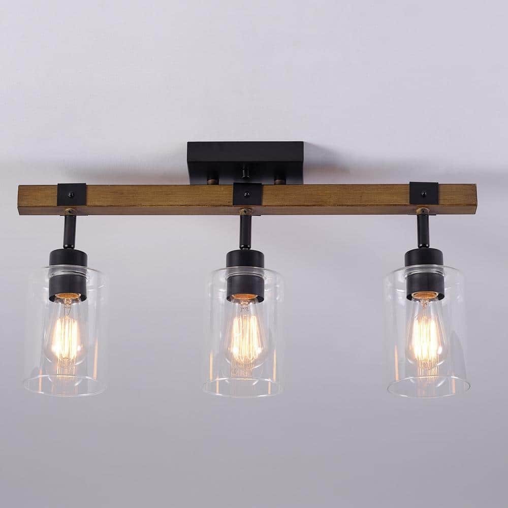 Austin 2 ft. 3-Light Faux Wood Fixed Track Black Accents Clear Glass Shades