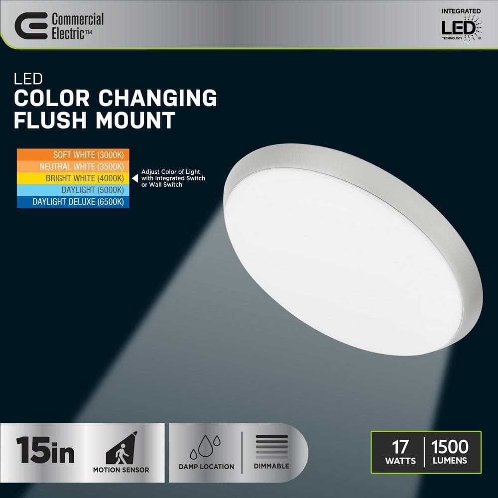 Commercial Electric 15 in Brushed Nickel LED Dimmable Selectable CCT Flush Mount