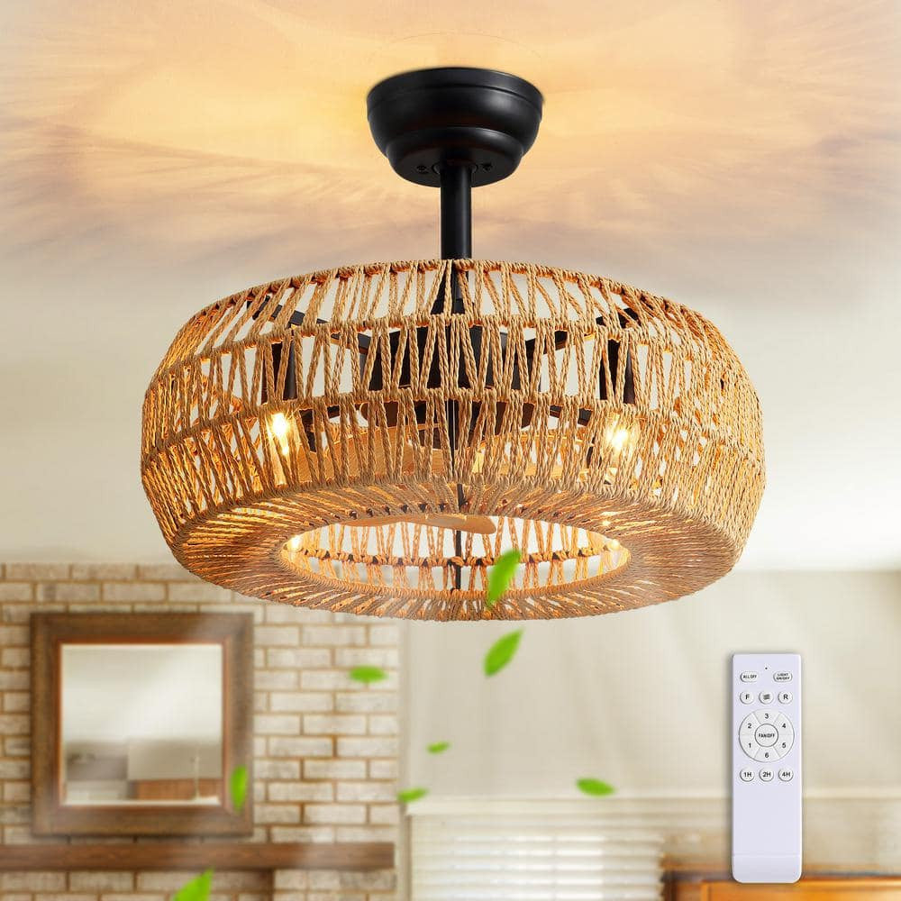 20 in. Indoor Brown Bohemian Rattan Caged 7-Blades Ceiling Fan with Remote