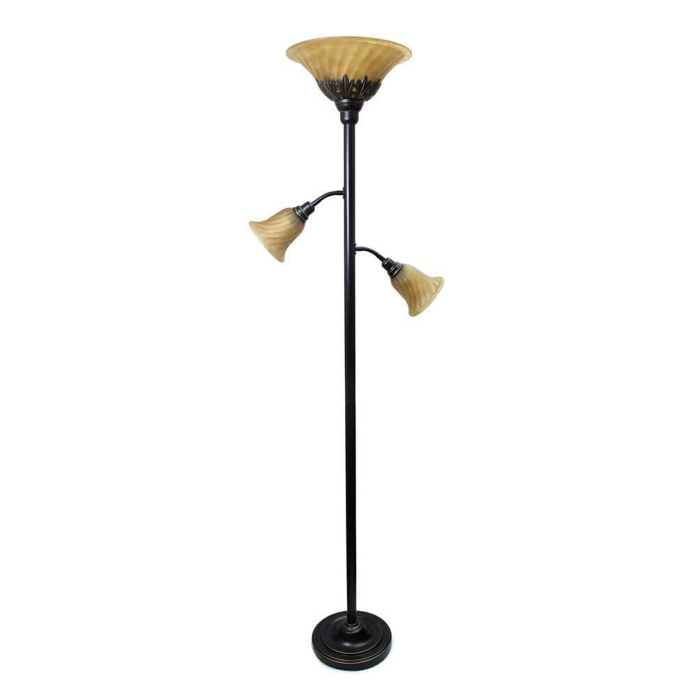 71 in. Restoration Bronze 3-Light Torchiere Floor Lamp Scalloped Glass Shades