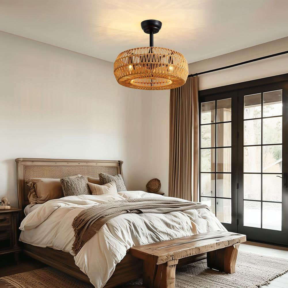 20 in. Indoor Brown Bohemian Rattan Caged 7-Blades Ceiling Fan with Remote