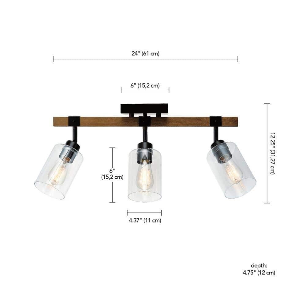 Austin 2 ft. 3-Light Faux Wood Fixed Track Black Accents Clear Glass Shades