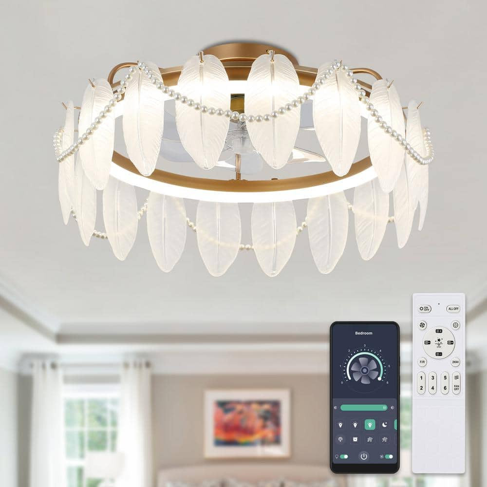 20in Smart French Gold Crystal Ceiling Fan with Light Remote Low Profile Indoor