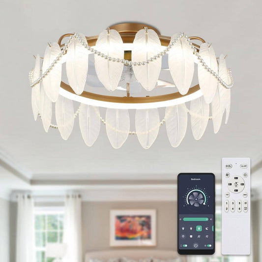 20in Smart French Gold Crystal Ceiling Fan with Light Remote Low Profile Indoor