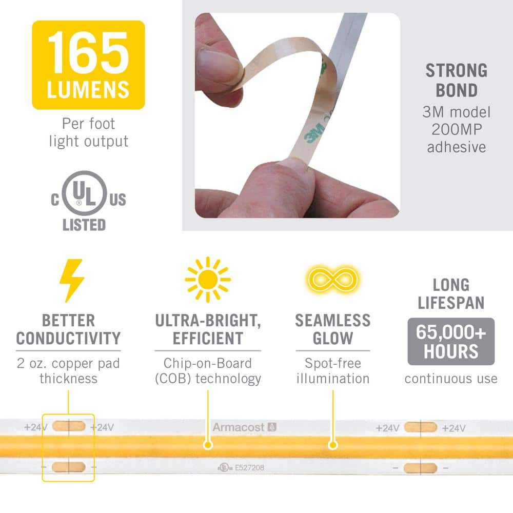 Armacost RibbonFlex 24V White COB Light Tape 2700K, 165 Lumens/Ft, 10M 171150