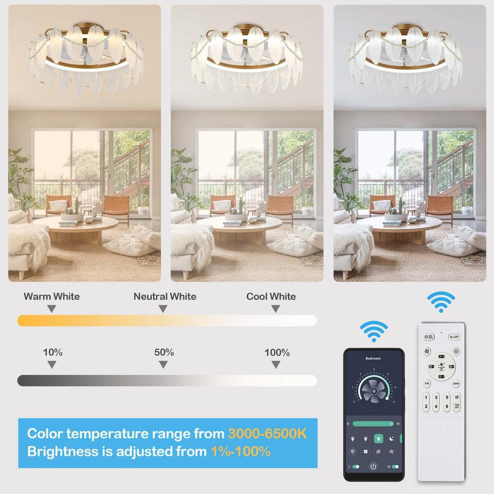 20in Smart French Gold Crystal Ceiling Fan with Light Remote Low Profile Indoor