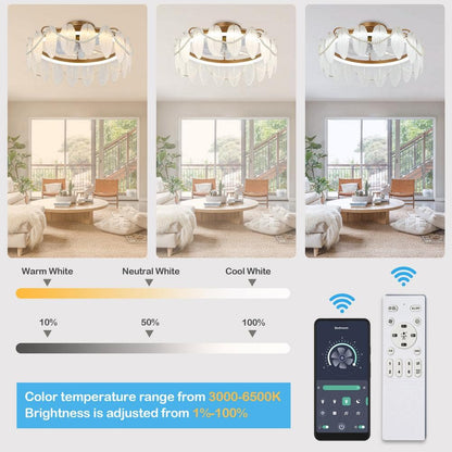 20in Smart French Gold Crystal Ceiling Fan with Light Remote Low Profile Indoor