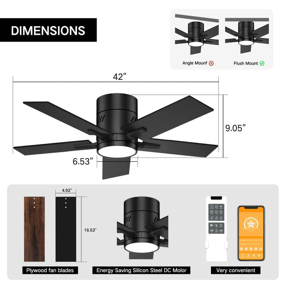 BICIK 42 in.Integrated LED Indoor/Covered Outdoor Black Ceiling Fan+Light+Remote