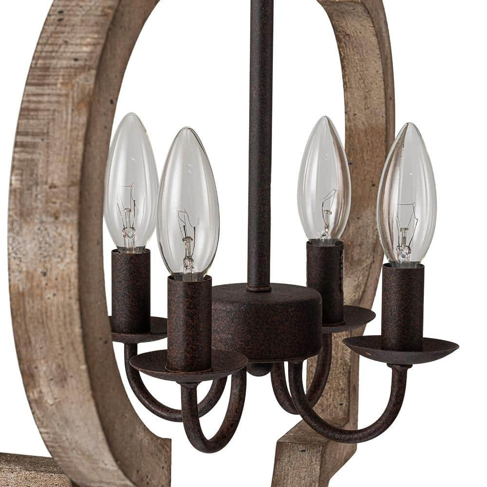 4-Light Rustic Iron Modern Farmhouse Cage Candlestick Chandelier Aged Wood