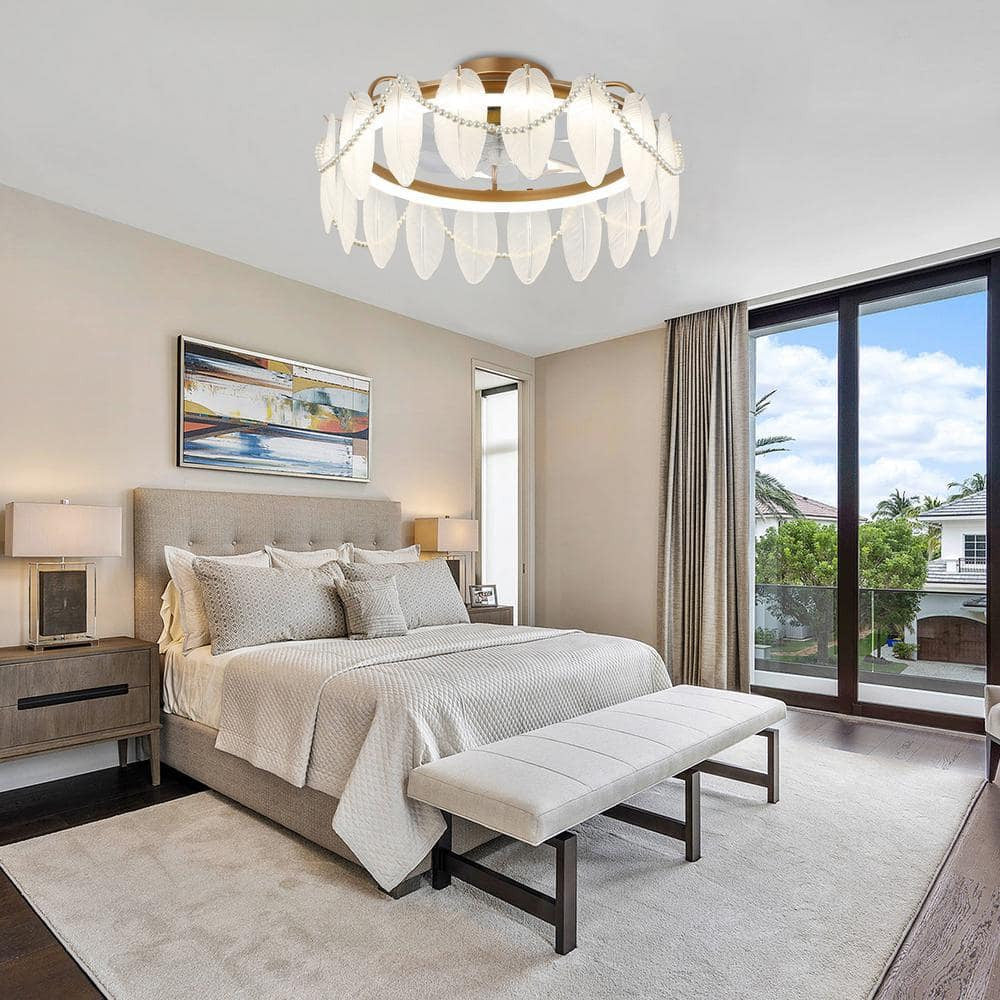 20in Smart French Gold Crystal Ceiling Fan with Light Remote Low Profile Indoor