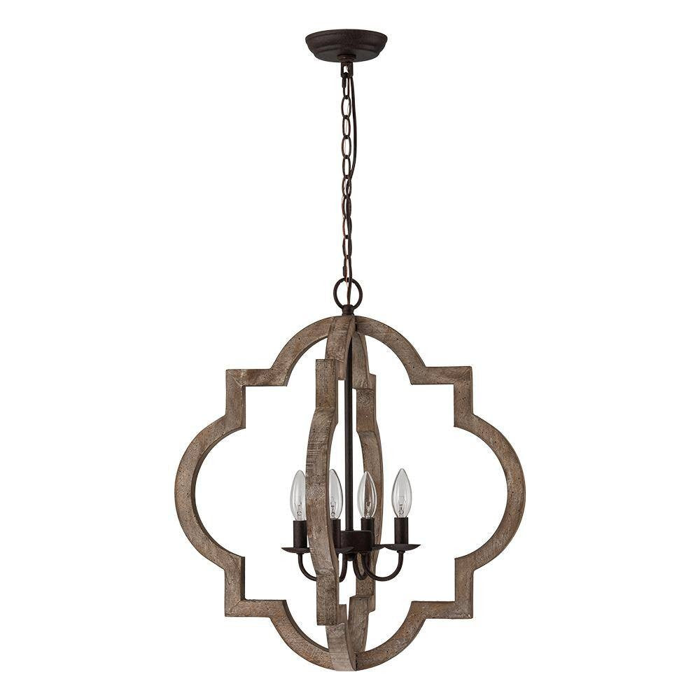 4-Light Rustic Iron Modern Farmhouse Cage Candlestick Chandelier Aged Wood