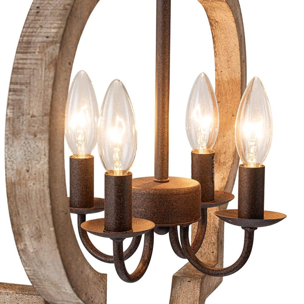 4-Light Rustic Iron Modern Farmhouse Cage Candlestick Chandelier Aged Wood