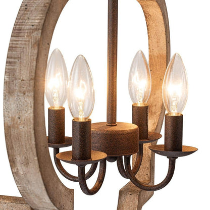 4-Light Rustic Iron Modern Farmhouse Cage Candlestick Chandelier Aged Wood