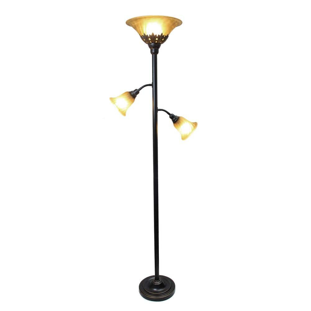 71 in. Restoration Bronze 3-Light Torchiere Floor Lamp Scalloped Glass Shades