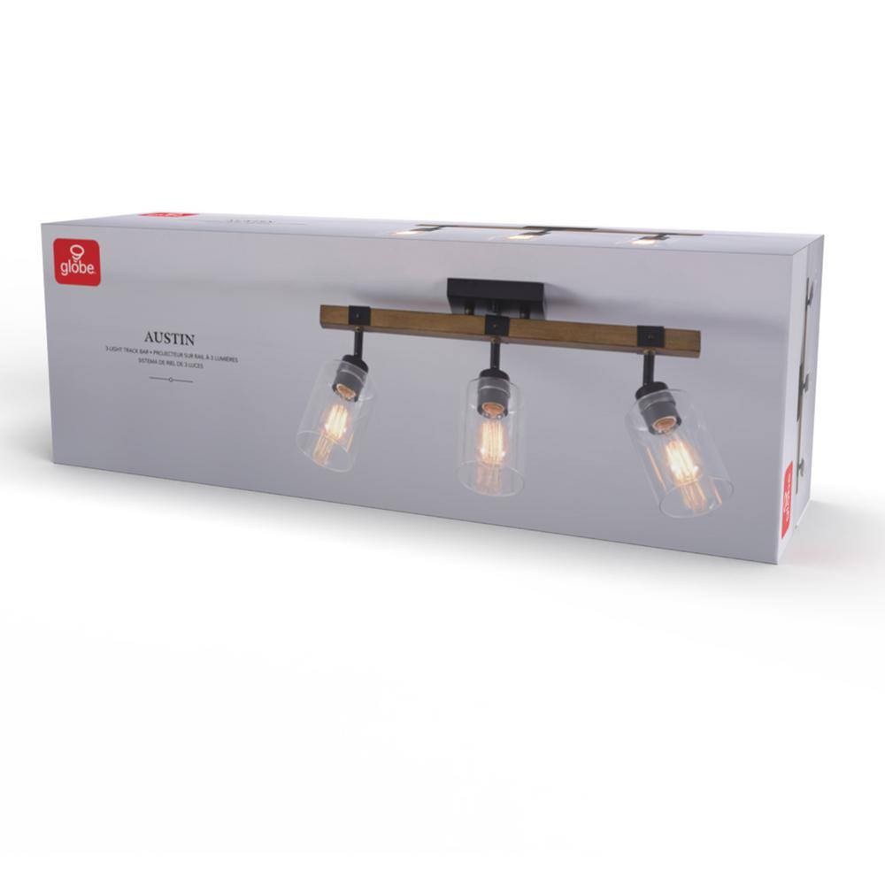 Austin 2 ft. 3-Light Faux Wood Fixed Track Black Accents Clear Glass Shades