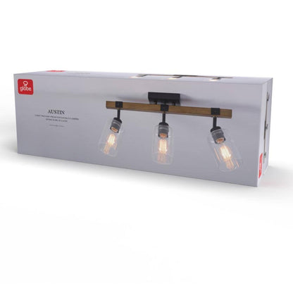 Austin 2 ft. 3-Light Faux Wood Fixed Track Black Accents Clear Glass Shades