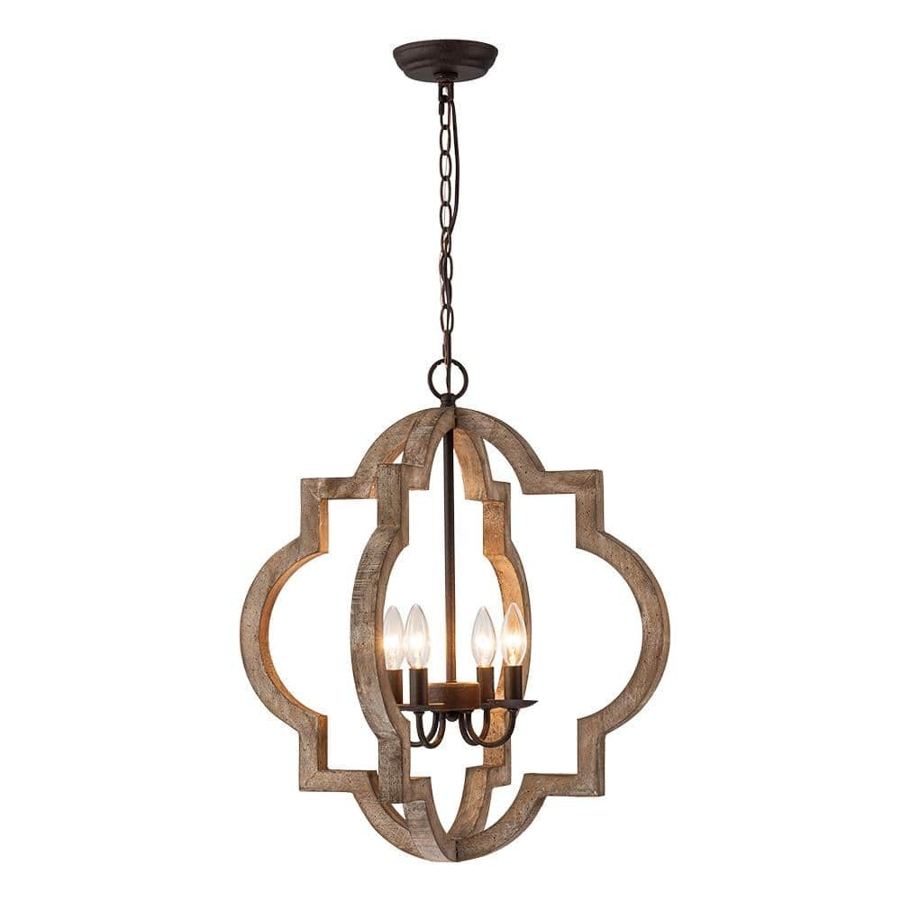 4-Light Rustic Iron Modern Farmhouse Cage Candlestick Chandelier Aged Wood