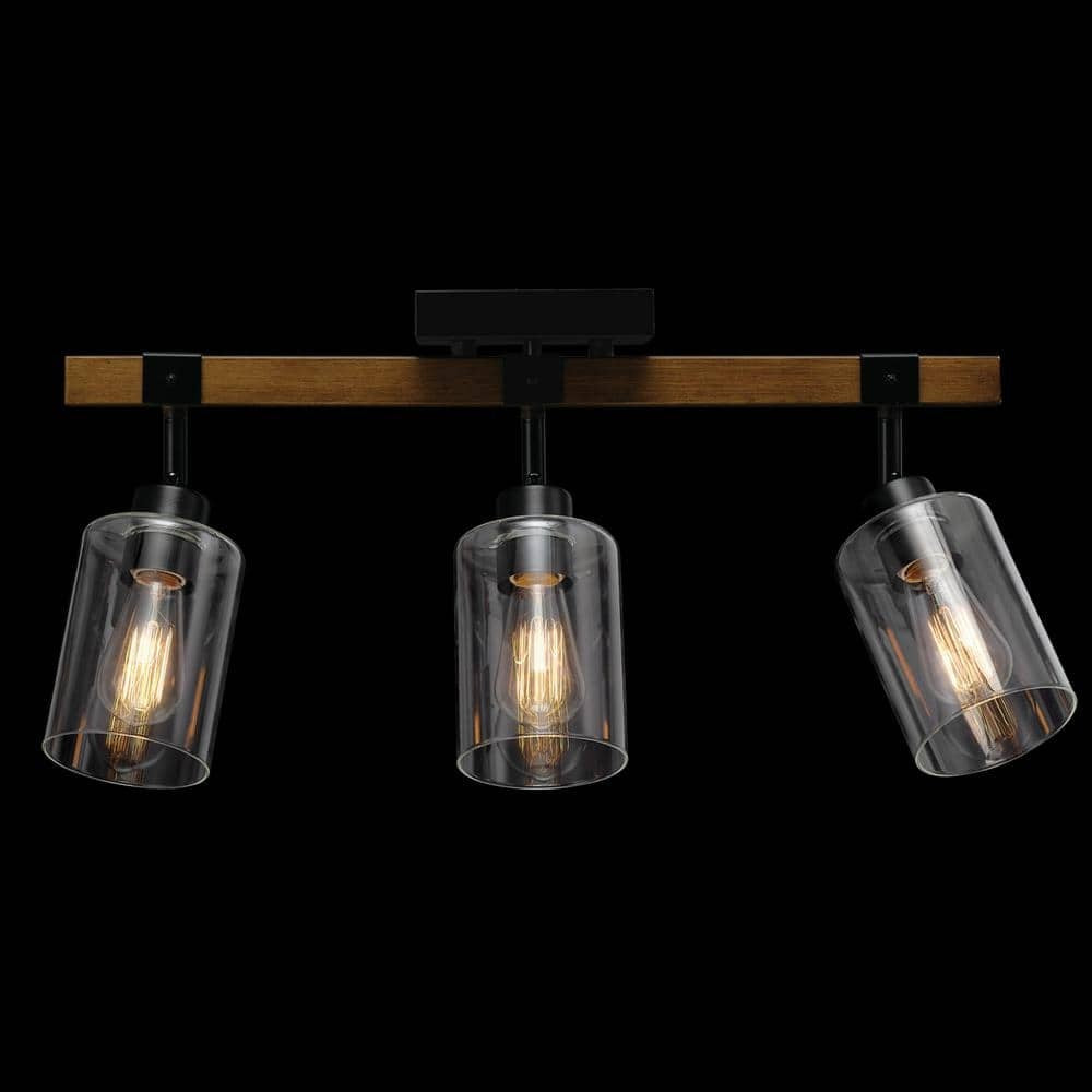 Austin 2 ft. 3-Light Faux Wood Fixed Track Black Accents Clear Glass Shades