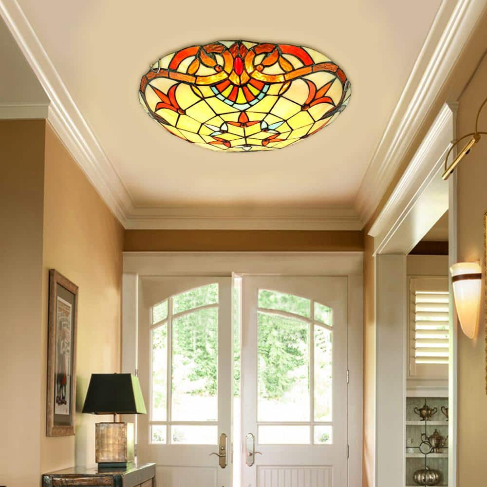 12" Tiffany Style Flush Mount Ceiling Light Stained Glass 2-Light Fixture