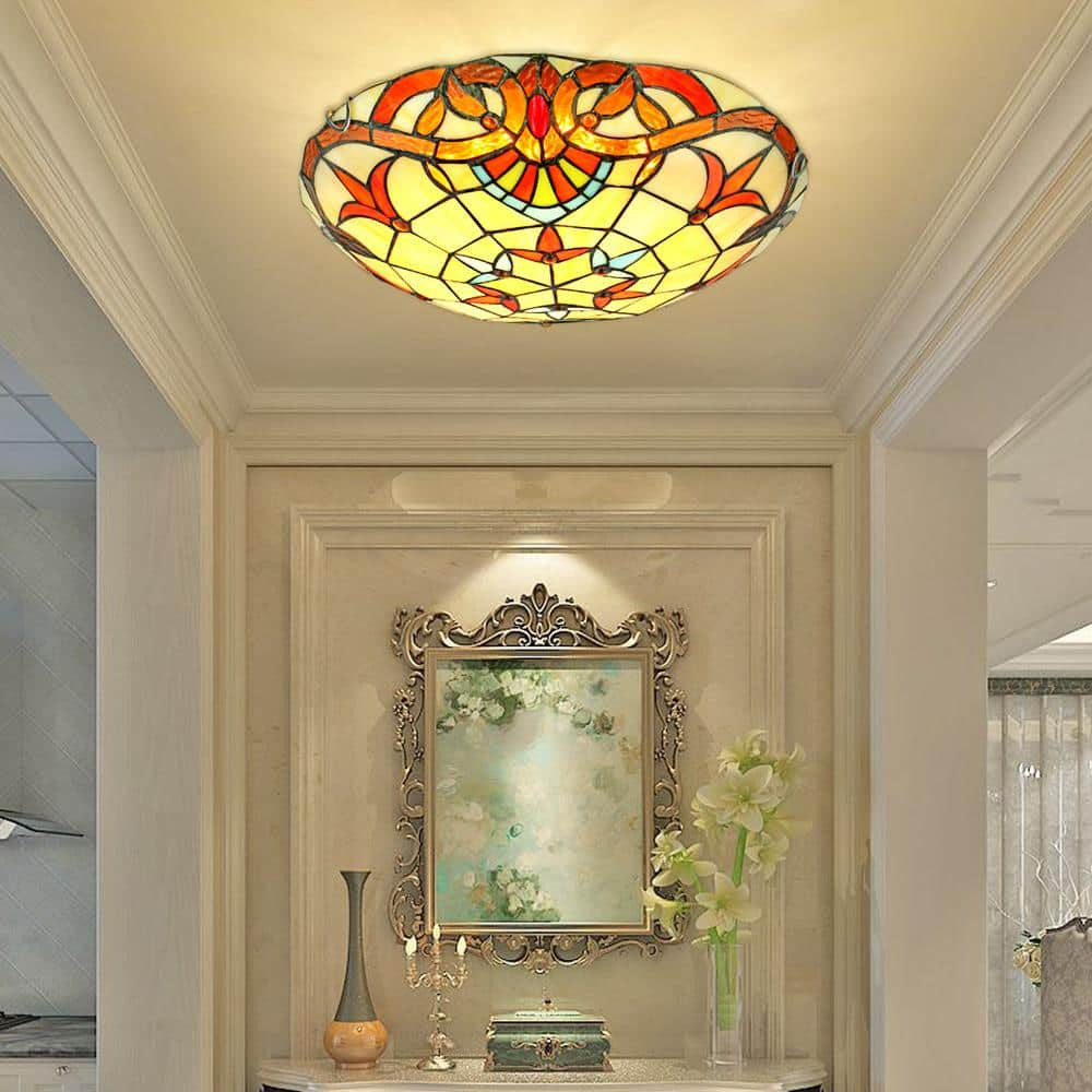 12" Tiffany Style Flush Mount Ceiling Light Stained Glass 2-Light Fixture