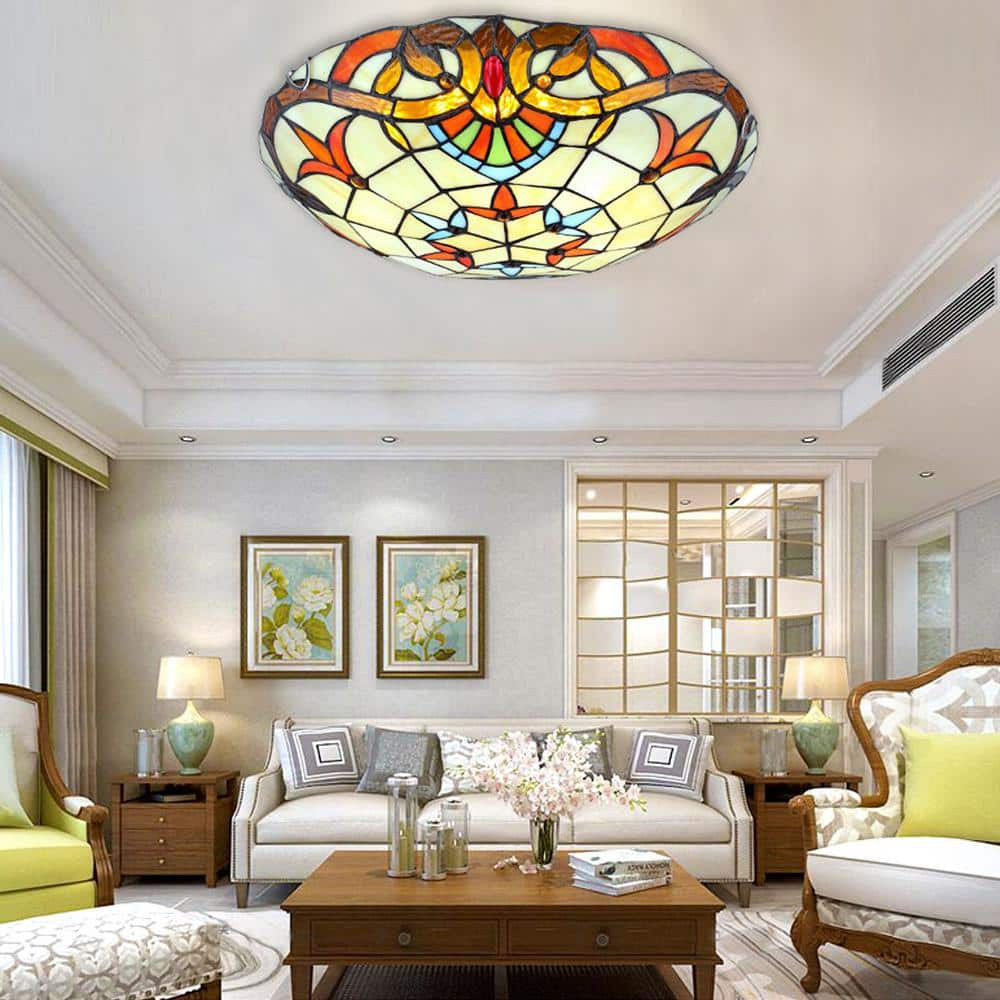 12" Tiffany Style Flush Mount Ceiling Light Stained Glass 2-Light Fixture
