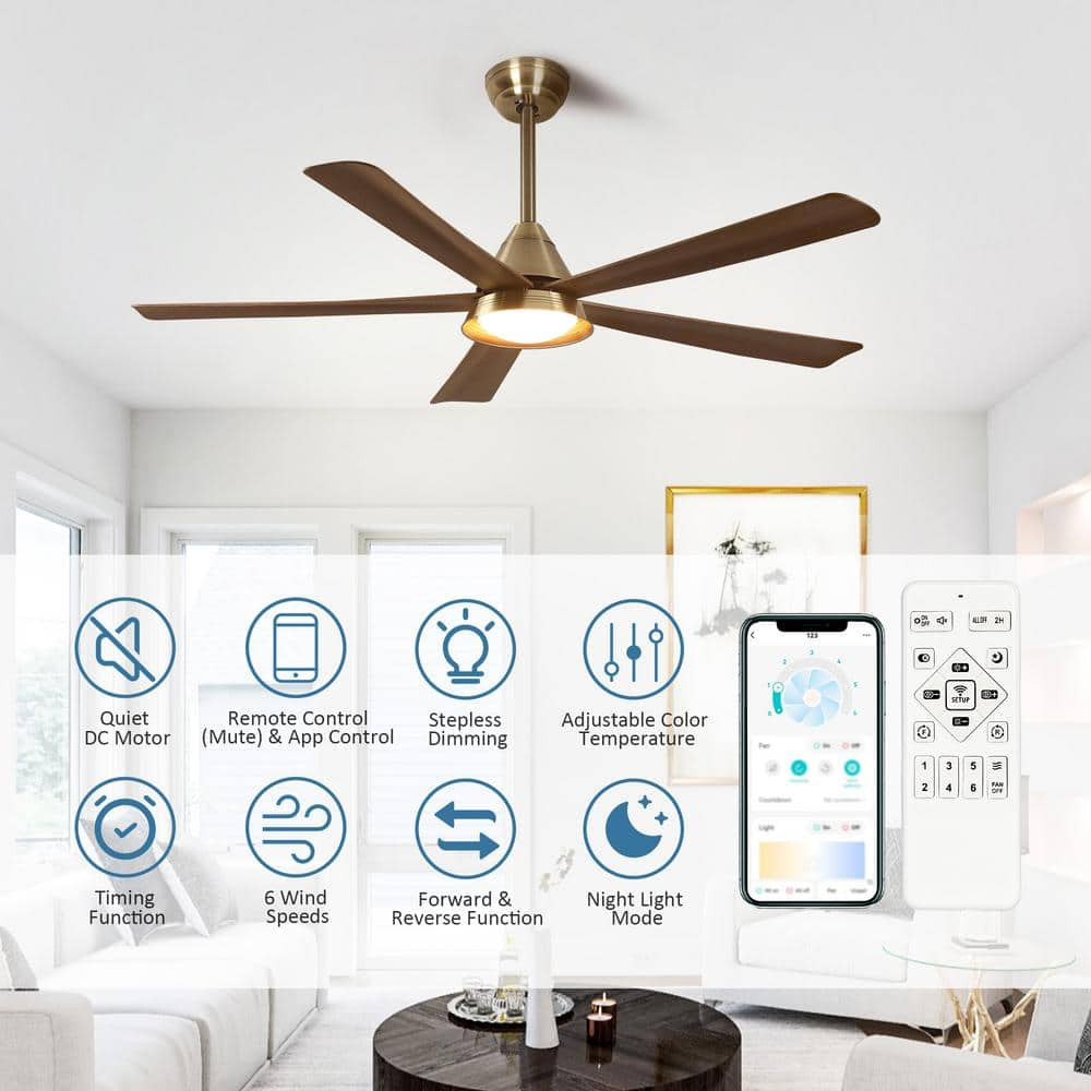 52 in. Smart LED Wood Black Semi Flush Mount Ceiling Fan w/ Light Kit Remote App