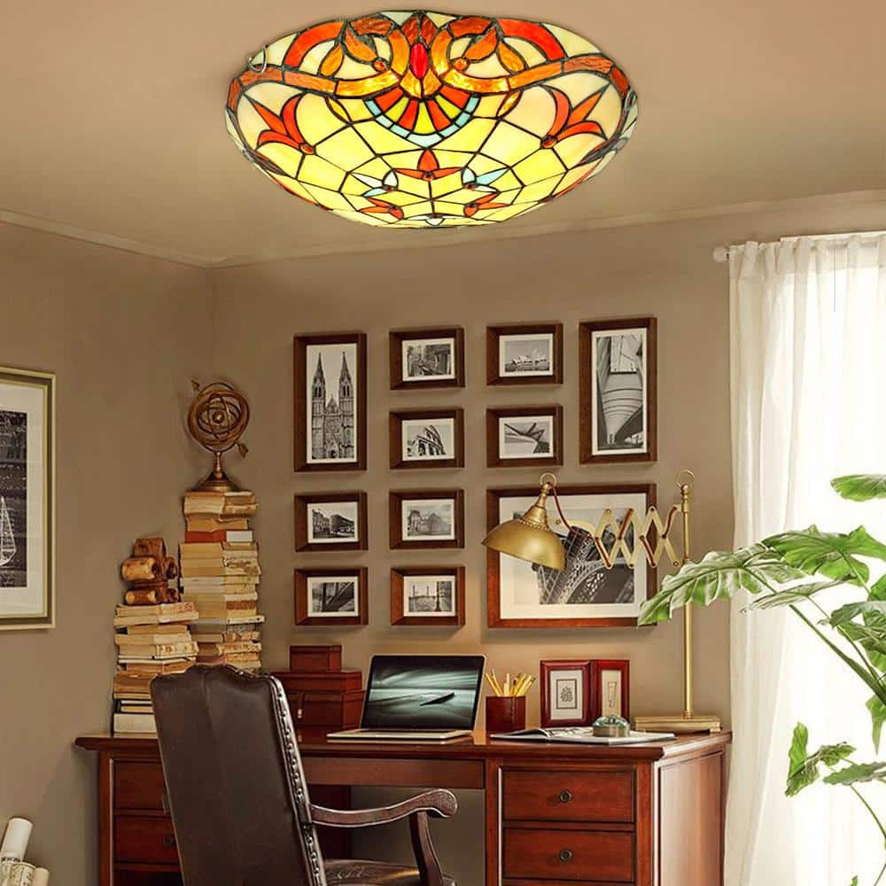 12" Tiffany Style Flush Mount Ceiling Light Stained Glass 2-Light Fixture