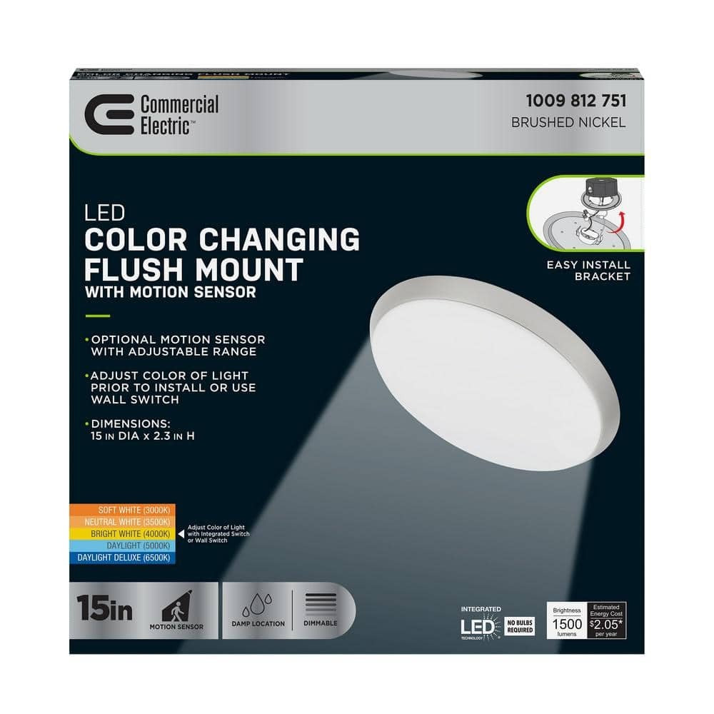 Commercial Electric 15 in Brushed Nickel LED Dimmable Selectable CCT Flush Mount