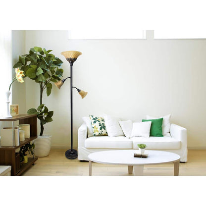 71 in. Restoration Bronze 3-Light Torchiere Floor Lamp Scalloped Glass Shades