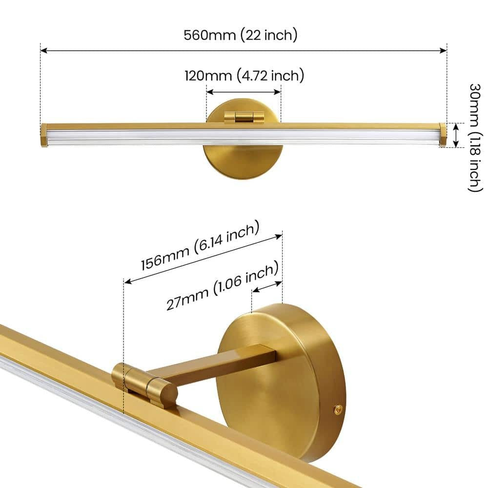 22"  1-Light Gold LED Vanity Light Bar 18-Watt Rotatable Bathroom Light Fixture