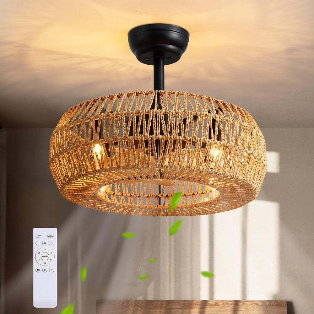 20 in. Indoor Brown Bohemian Rattan Caged 7-Blades Ceiling Fan with Remote