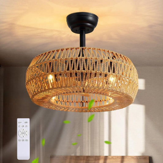 20 in. Indoor Brown Bohemian Rattan Caged 7-Blades Ceiling Fan with Remote